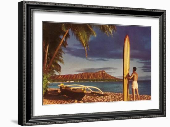 Man with Surfboard at Diamond Head-null-Framed Art Print