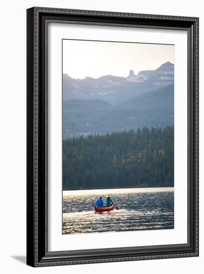 Man & Woman Paddle A Canoe While Shilo The Dog Enjoys The Ride At Sunrise On Priest Lake In N Idaho-Ben Herndon-Framed Photographic Print