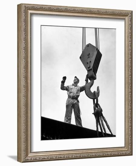 Man Working as a Rigger During Building of a Ship-George Strock-Framed Photographic Print