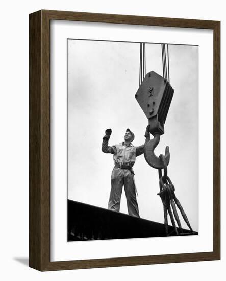 Man Working as a Rigger During Building of a Ship-George Strock-Framed Photographic Print