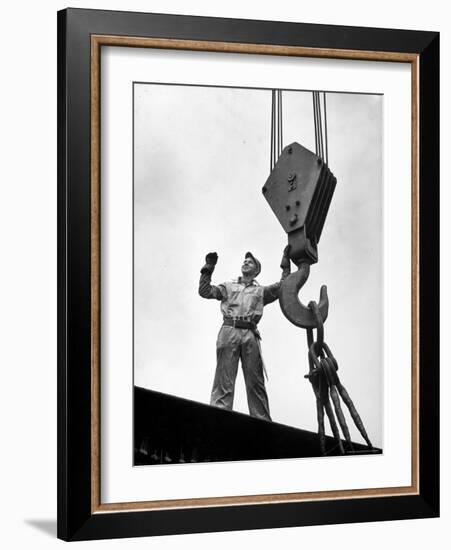 Man Working as a Rigger During Building of a Ship-George Strock-Framed Photographic Print