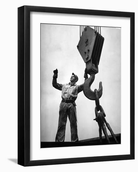 Man Working as a Rigger During Building of a Ship-George Strock-Framed Photographic Print