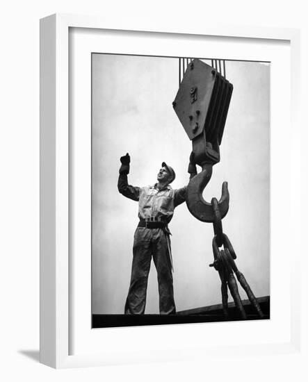 Man Working as a Rigger During Building of a Ship-George Strock-Framed Photographic Print