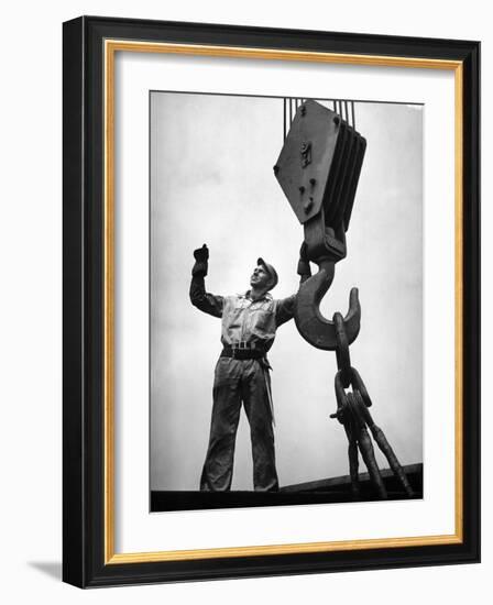 Man Working as a Rigger During Building of a Ship-George Strock-Framed Photographic Print