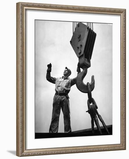 Man Working as a Rigger During Building of a Ship-George Strock-Framed Photographic Print