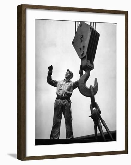 Man Working as a Rigger During Building of a Ship-George Strock-Framed Photographic Print