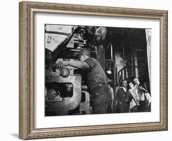 Man Working Newspaper Printing Press at Chicago Defender While Founder Robert S Abbott Checks Copy-Gordon Coster-Framed Photographic Print