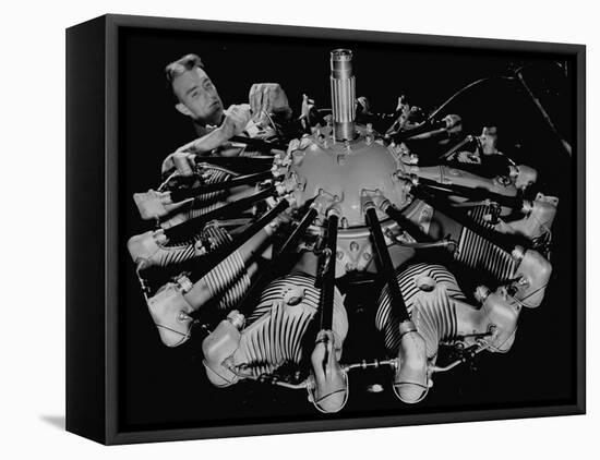 Man Working on Construction of an Aircraft Engine-Carl Mydans-Framed Premier Image Canvas