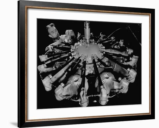 Man Working on Construction of an Aircraft Engine-Carl Mydans-Framed Photographic Print