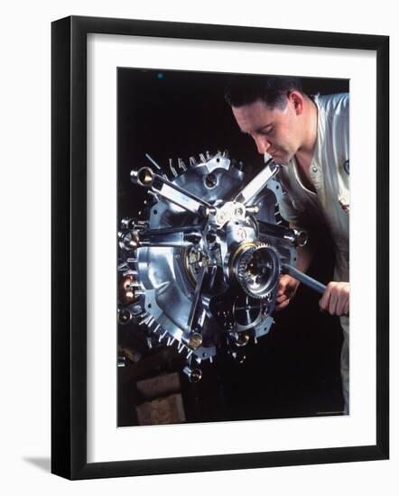 Man Working on Power Section of 'Wasp' Airplane Engine at Pratt and Whitney Aircraft Parts Factory-Dmitri Kessel-Framed Photographic Print