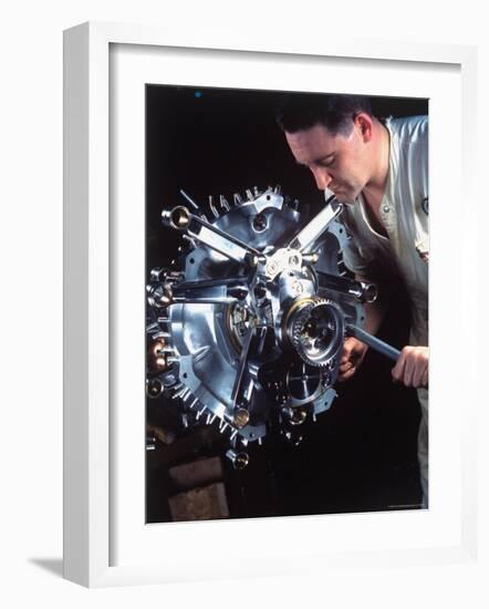 Man Working on Power Section of 'Wasp' Airplane Engine at Pratt and Whitney Aircraft Parts Factory-Dmitri Kessel-Framed Photographic Print