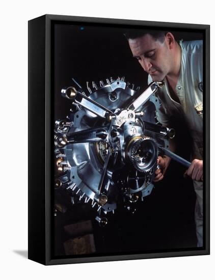 Man Working on Power Section of 'Wasp' Airplane Engine at Pratt and Whitney Aircraft Parts Factory-Dmitri Kessel-Framed Premier Image Canvas