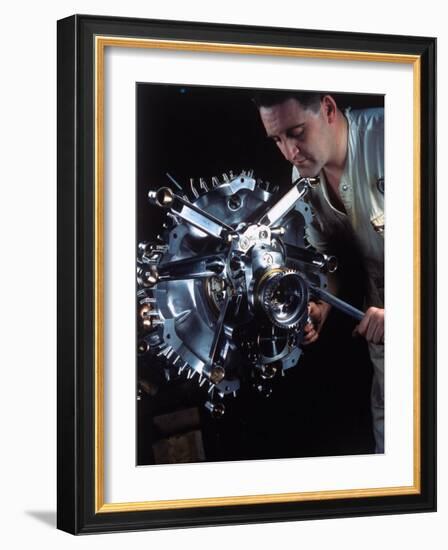 Man Working on Power Section of 'Wasp' Airplane Engine at Pratt and Whitney Aircraft Parts Factory-Dmitri Kessel-Framed Photographic Print