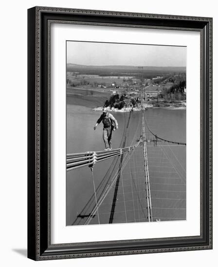 Man Working on the Texas Illinois Natural Gas Company's Pipeline Suspension Bridge-John Dominis-Framed Photographic Print