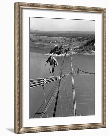 Man Working on the Texas Illinois Natural Gas Company's Pipeline Suspension Bridge-John Dominis-Framed Photographic Print