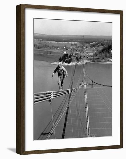 Man Working on the Texas Illinois Natural Gas Company's Pipeline Suspension Bridge-John Dominis-Framed Photographic Print