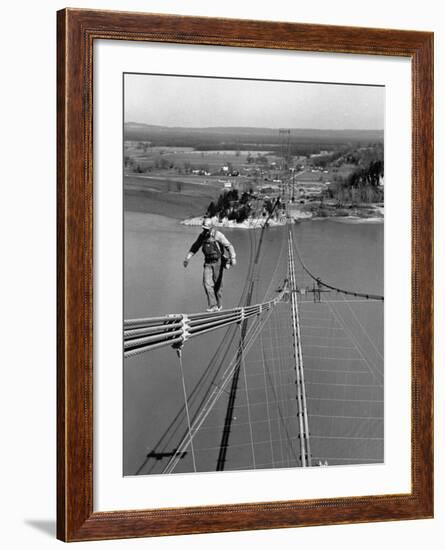 Man Working on the Texas Illinois Natural Gas Company's Pipeline Suspension Bridge-John Dominis-Framed Photographic Print