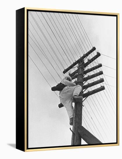 Man Working to Restore the Communication Lines after a Bombing Raid-Carl Mydans-Framed Premier Image Canvas