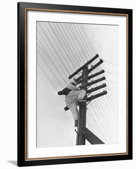 Man Working to Restore the Communication Lines after a Bombing Raid-Carl Mydans-Framed Premium Photographic Print