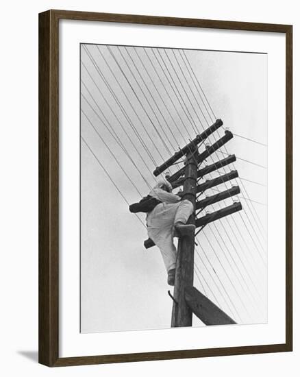 Man Working to Restore the Communication Lines after a Bombing Raid-Carl Mydans-Framed Premium Photographic Print