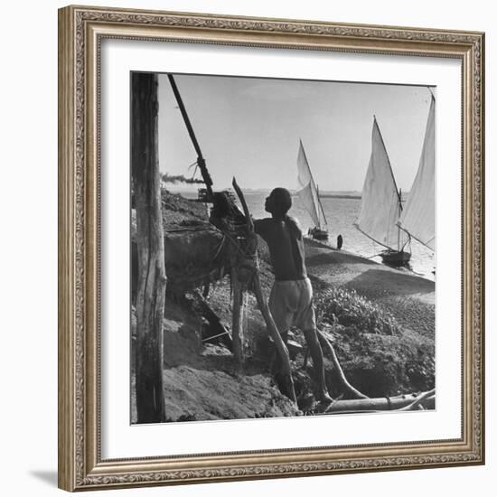 Man Working with Irrigation System as Sailboats Sit at Edge of Nile River at Wadi Halfa-null-Framed Photographic Print