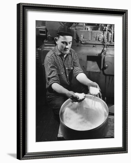 Man Working with Molded Plastics at Barton Molding Co-Hansel Mieth-Framed Premium Photographic Print