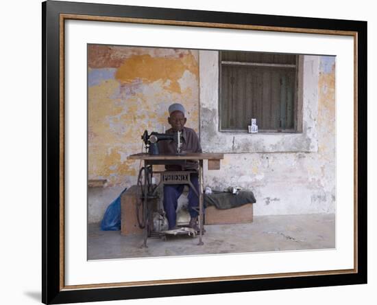 Man Works His Sewing Machine on Ibo Island, Part of the Quirimbas Archipelago, Mozambique-Julian Love-Framed Photographic Print