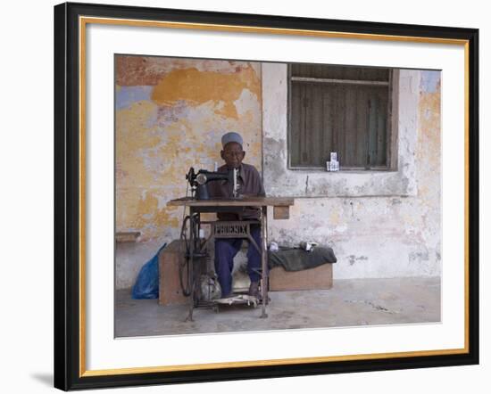 Man Works His Sewing Machine on Ibo Island, Part of the Quirimbas Archipelago, Mozambique-Julian Love-Framed Photographic Print