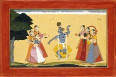 Krishna Dancing before the Cowgirls as They Clap their Hands, C.1730-1735 (W/C on Red Paper)-Manaku-Framed Premier Image Canvas