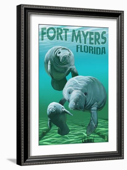 Manatees - Fort Myers, Florida-Lantern Press-Framed Art Print