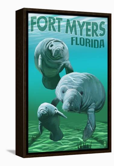 Manatees - Fort Myers, Florida-Lantern Press-Framed Stretched Canvas