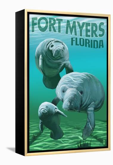 Manatees - Fort Myers, Florida-Lantern Press-Framed Stretched Canvas