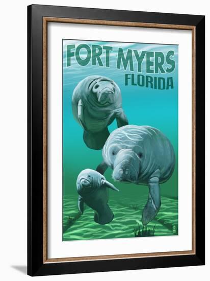 Manatees - Fort Myers, Florida-Lantern Press-Framed Art Print