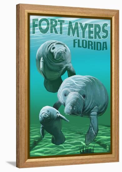 Manatees - Fort Myers, Florida-Lantern Press-Framed Stretched Canvas