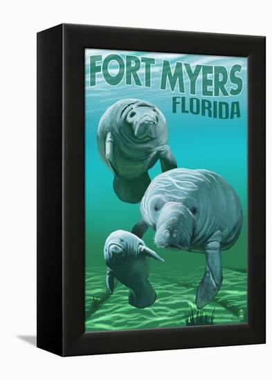 Manatees - Fort Myers, Florida-Lantern Press-Framed Stretched Canvas