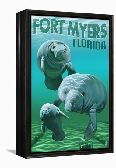 Manatees - Fort Myers, Florida-Lantern Press-Framed Stretched Canvas