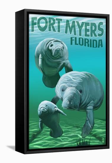 Manatees - Fort Myers, Florida-Lantern Press-Framed Stretched Canvas