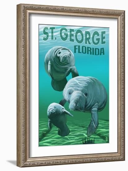 Manatees - St. George, Florida-Lantern Press-Framed Art Print