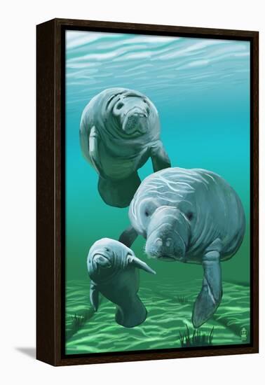 Manatees-Lantern Press-Framed Stretched Canvas