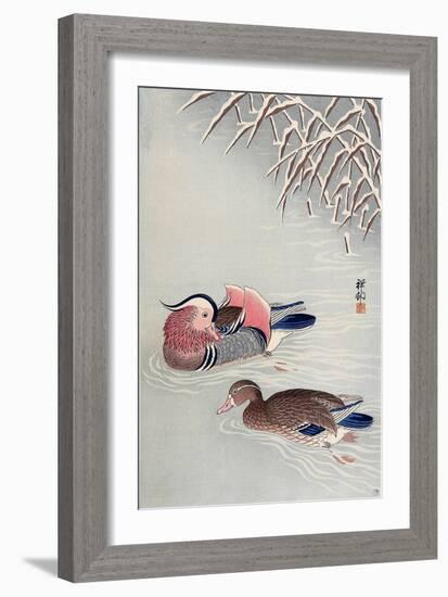 Mandarin Ducks in Snow-Koson Ohara-Framed Giclee Print