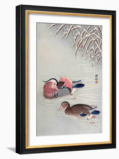 Mandarin Ducks in Snow-Koson Ohara-Framed Giclee Print