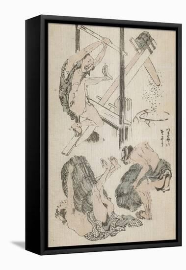 Manga : ouvrier agricole manipulant un pilon mu par son propre poids-Katsushika Hokusai-Framed Premier Image Canvas