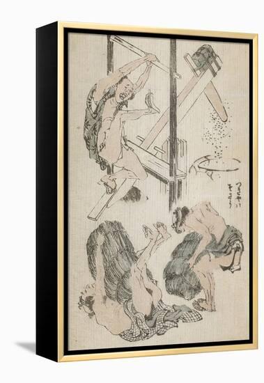 Manga : ouvrier agricole manipulant un pilon mu par son propre poids-Katsushika Hokusai-Framed Premier Image Canvas