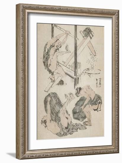 Manga : ouvrier agricole manipulant un pilon mu par son propre poids-Katsushika Hokusai-Framed Giclee Print