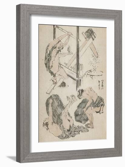 Manga : ouvrier agricole manipulant un pilon mu par son propre poids-Katsushika Hokusai-Framed Giclee Print