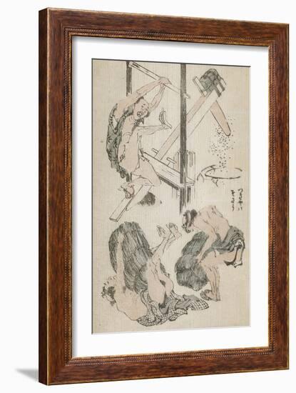 Manga : ouvrier agricole manipulant un pilon mu par son propre poids-Katsushika Hokusai-Framed Giclee Print