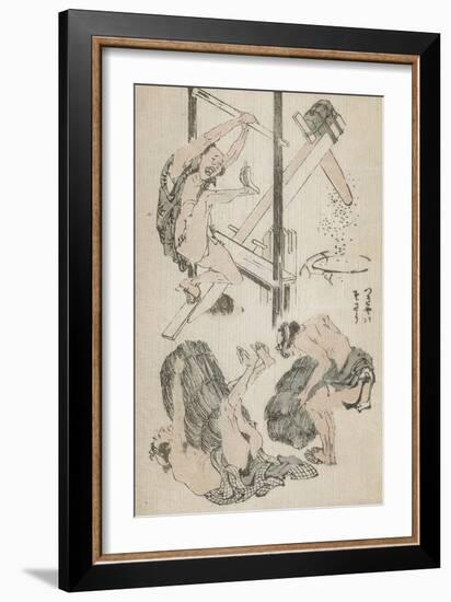 Manga : ouvrier agricole manipulant un pilon mu par son propre poids-Katsushika Hokusai-Framed Giclee Print