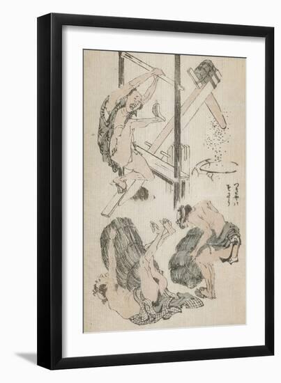 Manga : ouvrier agricole manipulant un pilon mu par son propre poids-Katsushika Hokusai-Framed Giclee Print