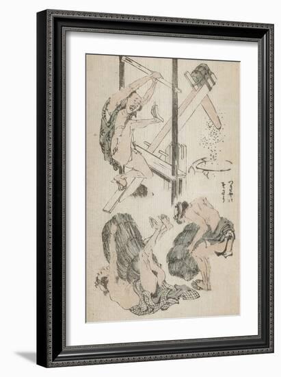 Manga : ouvrier agricole manipulant un pilon mu par son propre poids-Katsushika Hokusai-Framed Giclee Print