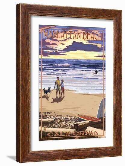 Manhattan Beach, California - Sunset Beach Scene-Lantern Press-Framed Art Print